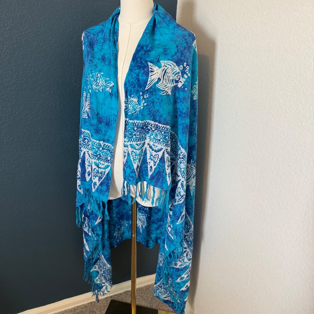 Coastal Boho Batik Fish Print Shawl OS Blue